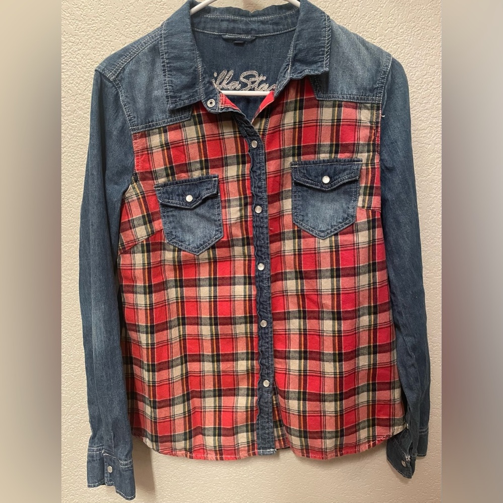 Vanilla Sky Red Plaid and Denim Western Style Pearl Snap Top-Large Juniors